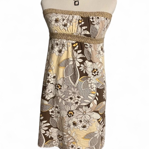 LOFT Strapless Floral Dress in Brown and Cream - Picture 1 of 3